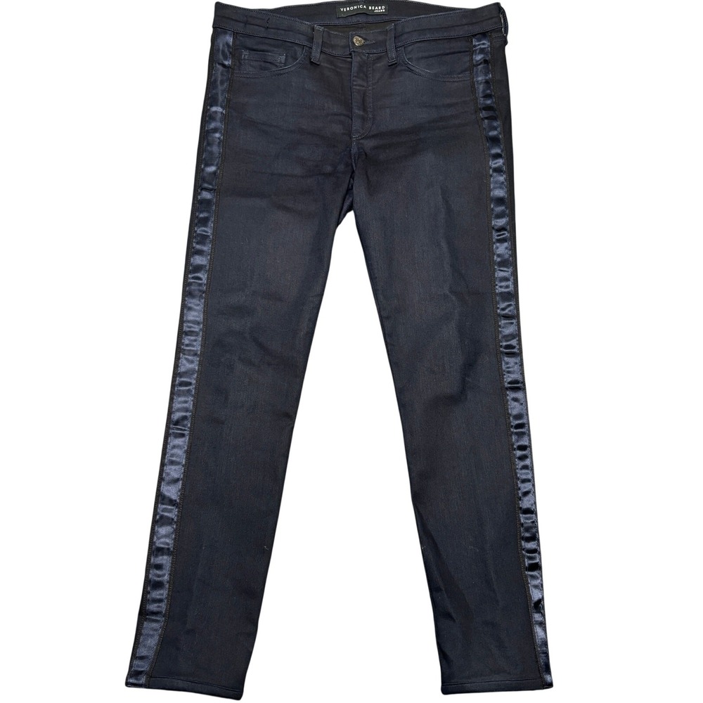 Veronica Beard Brooke 8.5" Skinny Black Satin Tuxedo Side Stripe Jeans Womens 32
